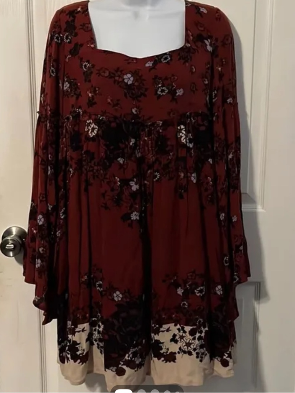 Free People Chinoserie Burgundy Floral Long Bell Sleeve Boho Dress